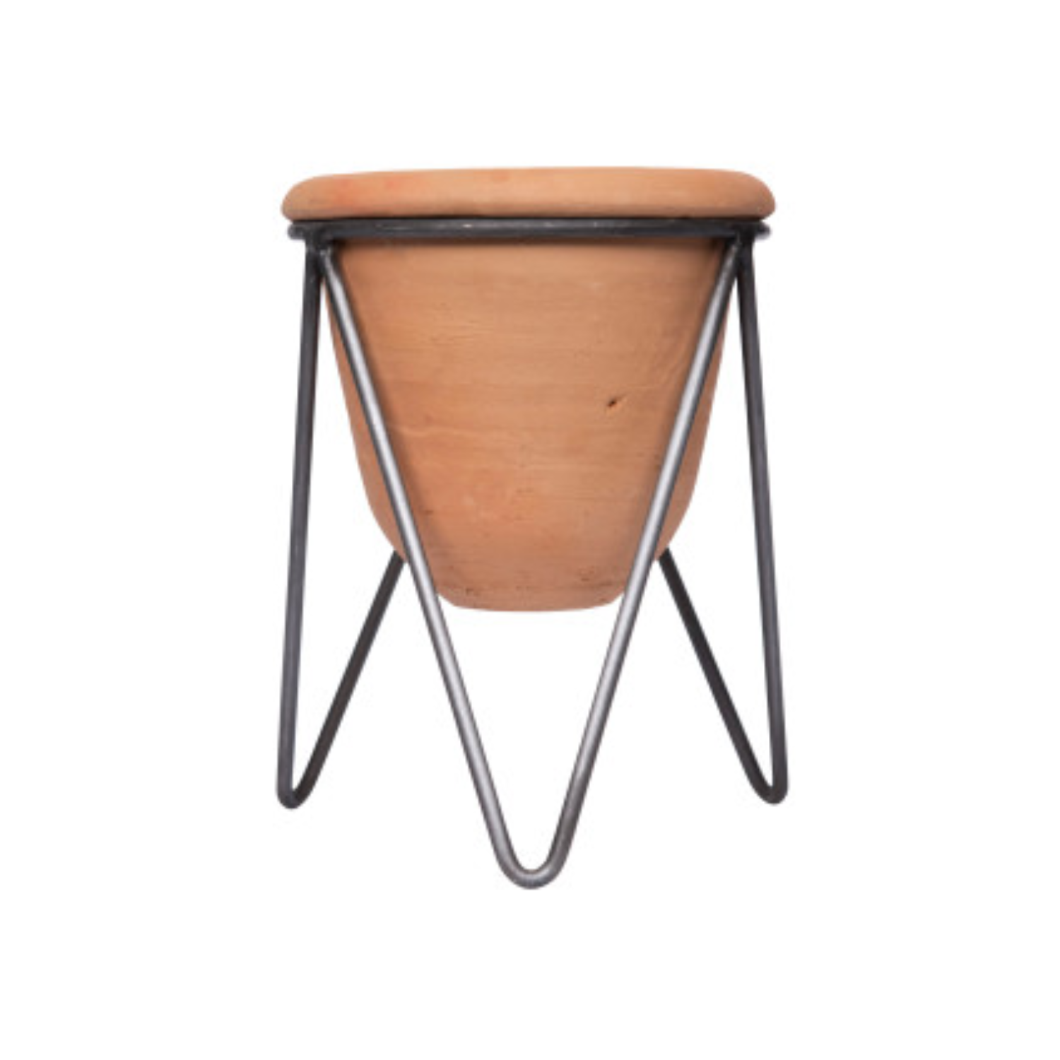 A terracotta pot with metal stand, viewed from a slight angle, displaying the pot's brown color and the metallic legs supporting it.